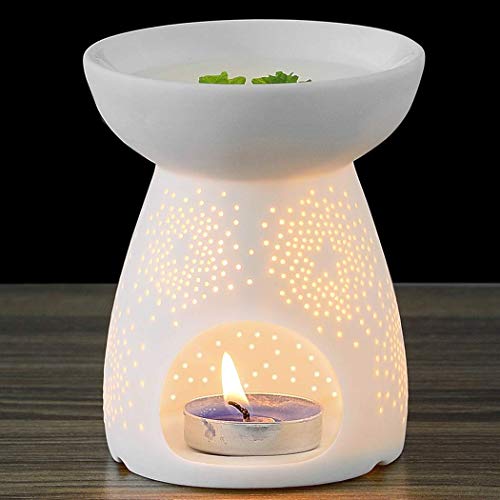 NJCHARMS Ceramic Tealight Holder Essential Oil Burner Aromatherapy Wax Candle Tart Burner Warmer Diffuser Aroma Candle Warmers Porcelain Decoration for Parlor Bedroom Carved Star Shape White
